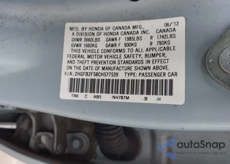 2012 Honda Civic Lx из США, поврежденный, VIN 2HGFB2F58CH577539